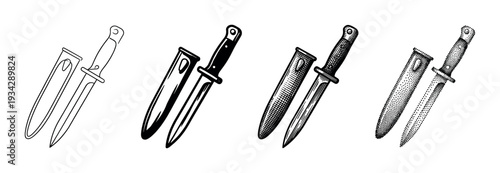Four different illustrative styles of a knife and sheath are presented in a classic vector art collection.