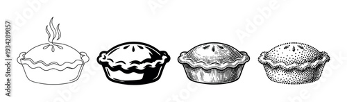Four delicious homemade pies are depicted in various artistic styles, showcasing different illustration techniques for baked goods.