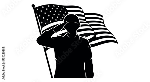 Soldier saluting American flag in black and white illustration