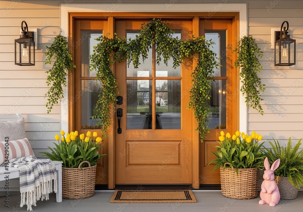 Fototapeta premium Festive front door decorated for spring with tulips and greenery
