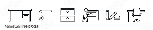 Office furniture and supplies icons set illustrating various elements of a productive workspace and professional environment.