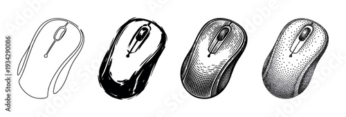 Four computer mouse illustrations showcasing diverse artistic styles and techniques, including outline, sketch, engraving, and stippling.
