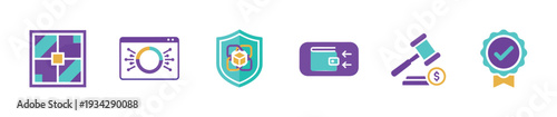 Set of digital assets blockchain security finance icons representing modern technology concepts and online transactions.