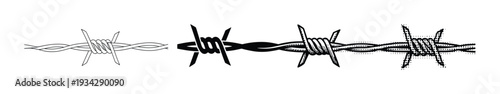 Barbed wire fence element vector illustration set in various styles for security and boundary concepts.