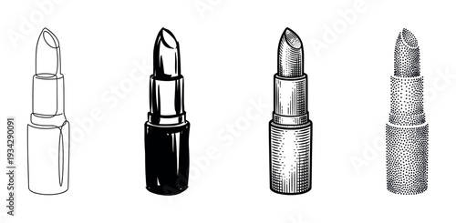 Four different lipstick illustrations showcase various artistic styles for beauty and cosmetic product design.