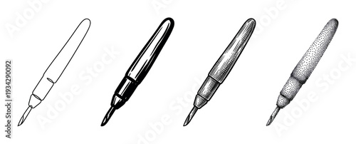 Surgical scalpel instrument vector illustration set depicting various artistic drawing styles for medical design.