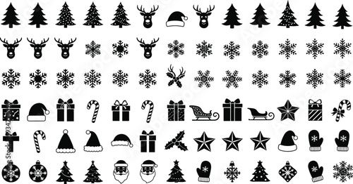 Christmas silhouette collection with pine trees snowflakes reindeer Santa hats gift boxes sleighs stars ornaments and winter holiday elements vector set