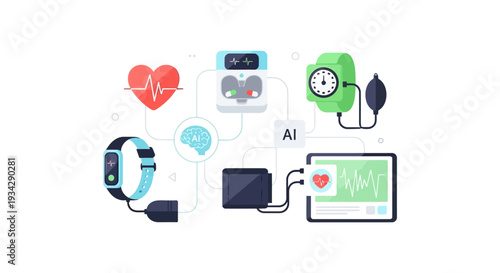 AI and IoT Digital Healthcare System. Telemedicine, Remote Patient Monitoring, Smart Medical Devices, Diagnostics Network Flat Vector Illustration.