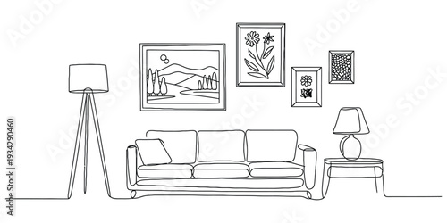 Minimalist continuous line drawing of a modern living room interior