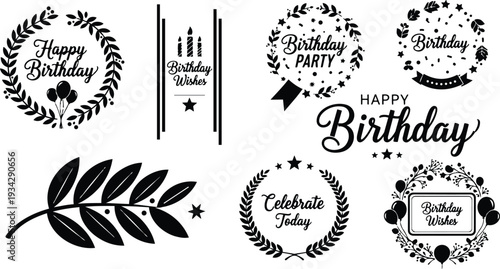 Minimalist wreath badge set with birthday lettering balloons laurel wreath celebrate today circular frames decorative elements flat vector icons for party branding