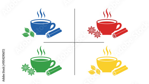 Colorful illustrations of tea varieties with distinct flavors and ingredients
