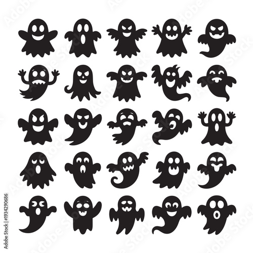 Collection of 25 diverse cartoon ghosts with different expressions and poses, perfect for halloween decorations and spooky designs, on a transparent background