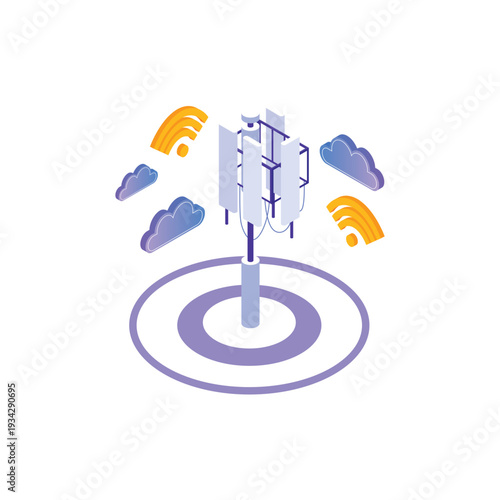 Isometric Cell Tower with Wireless Signal Icons.