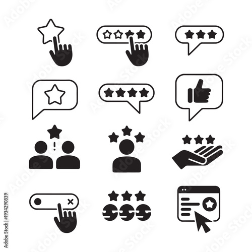 Collection of review and rating icon sets, customer satisfaction feedback, product quality assessment, best experience, vector art