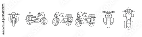 Medical motorcycles vector line art icons set for emergency services and healthcare transportation needs.