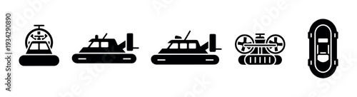 Various hovercrafts and boats are depicted in a set of black silhouette icons for transportation design.