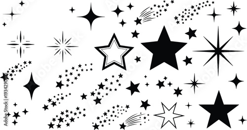 A set of vector line art stars and starbursts in silhouette on a white background for design