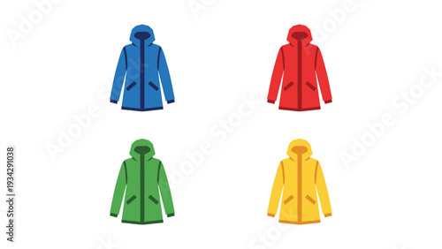 Four colorful winter jackets displayed in a grid layout
