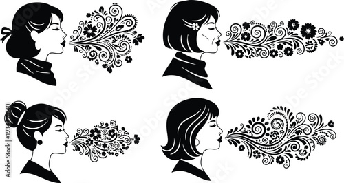 Floral breath vector art side profile woman blowing ornate floral swirls from mouth four variations black and white decorative design in flat style close up silhouette