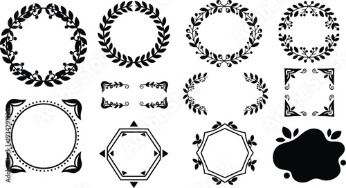 Minimalist vector art close up set of twelve decorative laurel wreaths and ornamental corner frames in black silhouette on white background simple hexagon octagon round badges