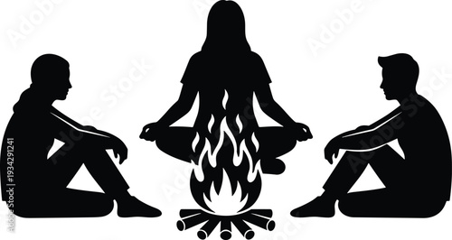 Campfire friends silhouette vector illustration featuring three people sitting around bonfire isolated outdoor night scene collection