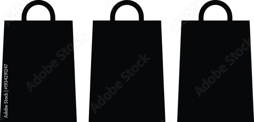 Three black shopping bags with handles displayed side by side against a plain background