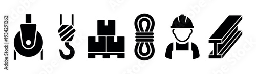 Construction and industrial equipment icons set in black silhouettes representing various tools and elements for heavy work.