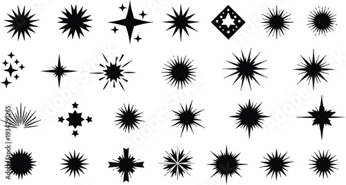 Minimalist black starburst icon set showing varied radial spikes and star shapes arranged in grid isolated on white background flat vector art sparkle collection retro style
