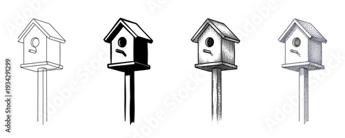 Four distinct birdhouses on poles are presented in a collection of black and white illustrative styles.