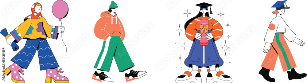 Fototapeta premium Diverse Set of Graduating Student Characters – Stylish Flat Vector Illustration of Academic Success