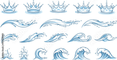 Water Splash and Ocean Wave Icons Set with Blue Liquid Drops and Sea Surf Elements Isolated on White Background Vector Collection