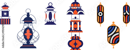 Modern Abstract Arabic Lanterns Collection – Stylish Blue and Orange Ramadan Fanous Vector Set