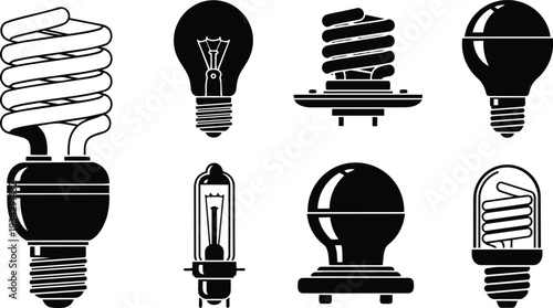 Minimalist vector art close up set of eight light bulb icons showing spiral fluorescent incandescent halogen filament bases and sockets in black silhouette flat design views