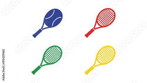 Four distinctively colored tennis rackets displayed side by side