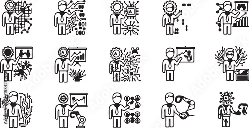 "STEM research vector illustration showing scientists and analysts with graphs, molecules, gears, and AI icons symbolizing science, technology, and innovation"