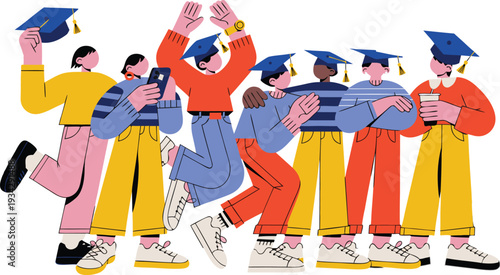 Joyful Group of Diverse Students Celebrating Graduation – Modern Flat Character Vector with Mortarboard Caps