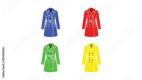Four stylish coats displayed in different vibrant colors for fashion inspiration