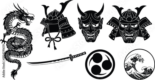 Japanese vector tattoo set close up coiled dragon and samurai helmet with oni mask katana tomoe wave icons in black silhouette for printable emblem collection high resolution