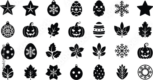Playful flat seasonal icon set close up black silhouettes of stars baubles eggs pumpkins leaves and snowflakes in even grid vector style scalable svg png mockup arrangement
