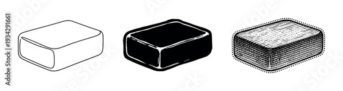 Rectangular block shapes presented in three distinct artistic styles, including outline, solid fill, and detailed hatching.