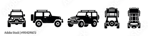 Off-road vehicles icon set featuring various perspectives of rugged 4x4 cars designed for adventure travel.