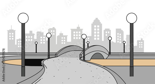 Flat 2D illustration of an empty urban city park with a pathway and streetlights leading to a bridge, set against a city skyline background.