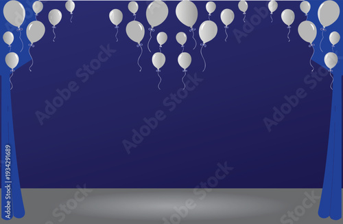 Blue Stage Background with White Floating Balloons – Festive Celebration Theater Vector
