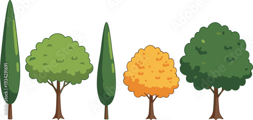 Cartoon tree vector set featuring various green and autumn trees isolated nature illustration collection for landscape design