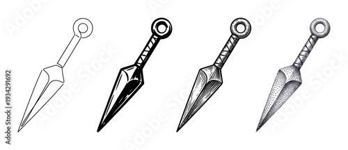 Four different styles of traditional Japanese kunai knives are displayed in a vector illustration set.