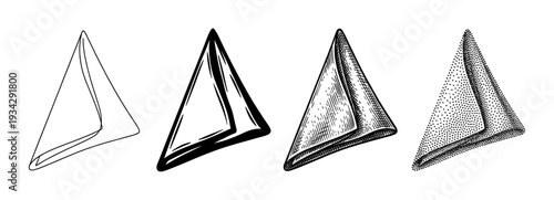 Triangular folded fabric element depicted with diverse artistic techniques like outline, bold, hatching, and stipple.