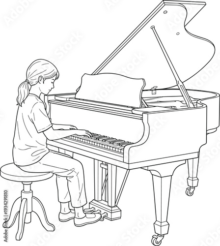 Child playing grand piano line art illustration featuring young girl musician practicing classical music on elegant instrument