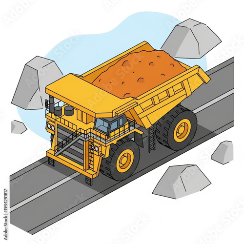 Yellow Dump Truck Hauling Rocks on Railway Tracks.