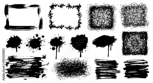 Brush strokes set with black grunge textures and splatters featuring abstract, ink, paint with artistic and creative