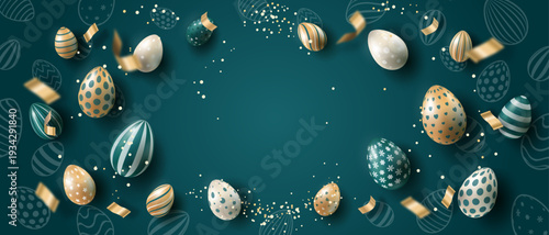 Festive Easter background with eggs and streamers on a dark blue background. Festive design with realistic Easter eggs for greeting card, invitation or advertising banner. Vector EPS 10.